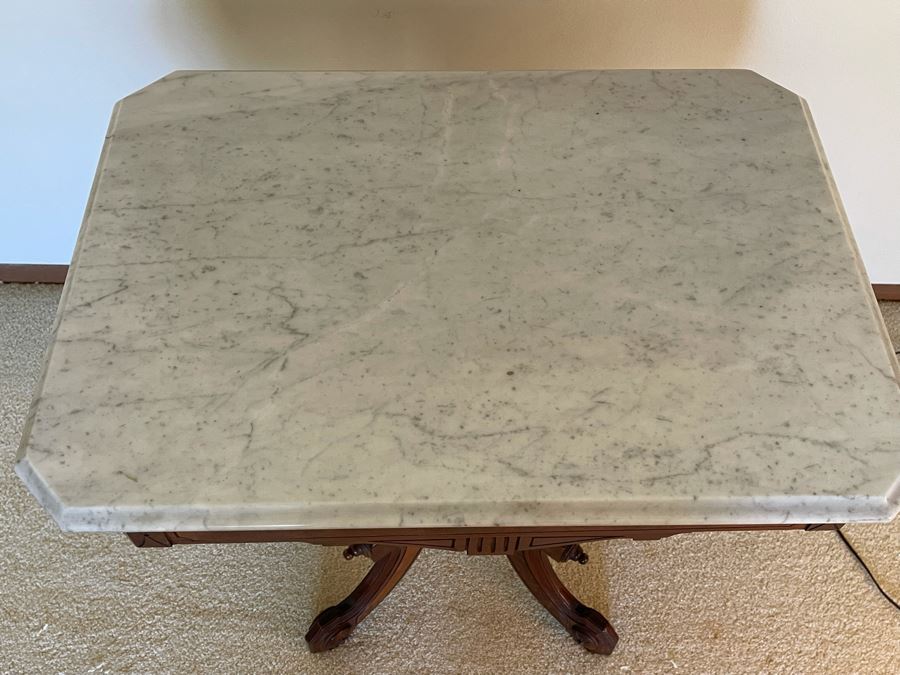 Antique Eastlake Victorian Era Carved Wooden Side Table With Marble Top 29W X 21D X 28H [Photo 10]