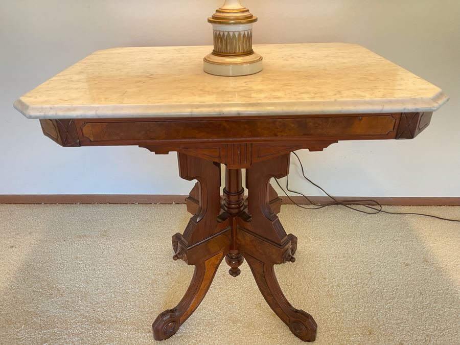 Antique Eastlake Victorian Era Carved Wooden Side Table With Marble Top 29W X 21D X 28H [Photo 2]