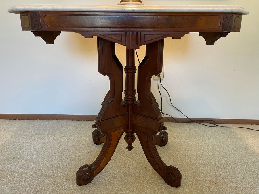 Antique Eastlake Victorian Era Carved Wooden Side Table With Marble Top 29W X 21D X 28H [Photo 3]