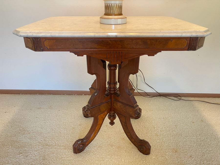 Antique Eastlake Victorian Era Carved Wooden Side Table With Marble Top 29W X 21D X 28H [Photo 1]