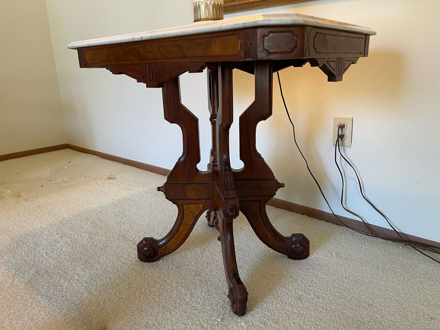 Antique Eastlake Victorian Era Carved Wooden Side Table With Marble Top 29W X 21D X 28H [Photo 5]
