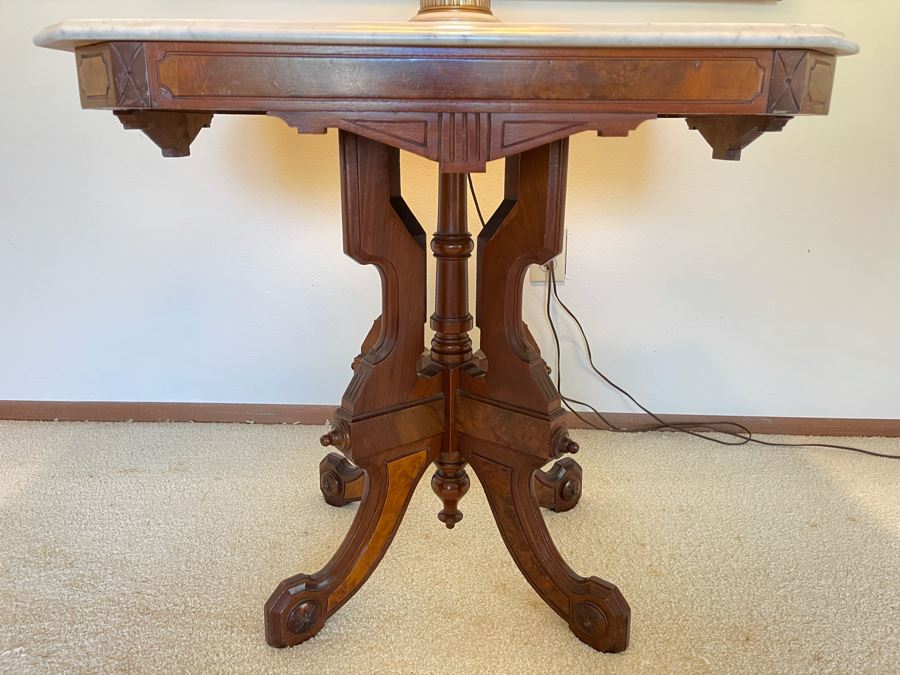 Antique Eastlake Victorian Era Carved Wooden Side Table With Marble Top 29W X 21D X 28H [Photo 4]