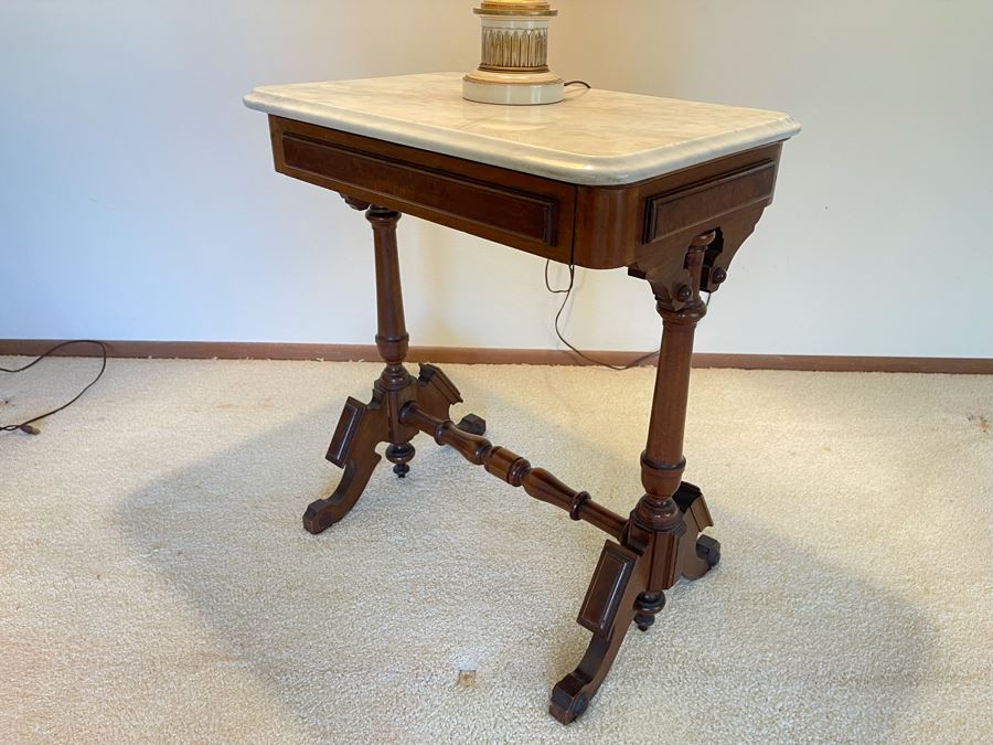 Antique Eastlake Victorian Era Carved Wooden Writing Desk Side Table With Drawer And Marble Top 24W X 16D X 28H [Photo 4]