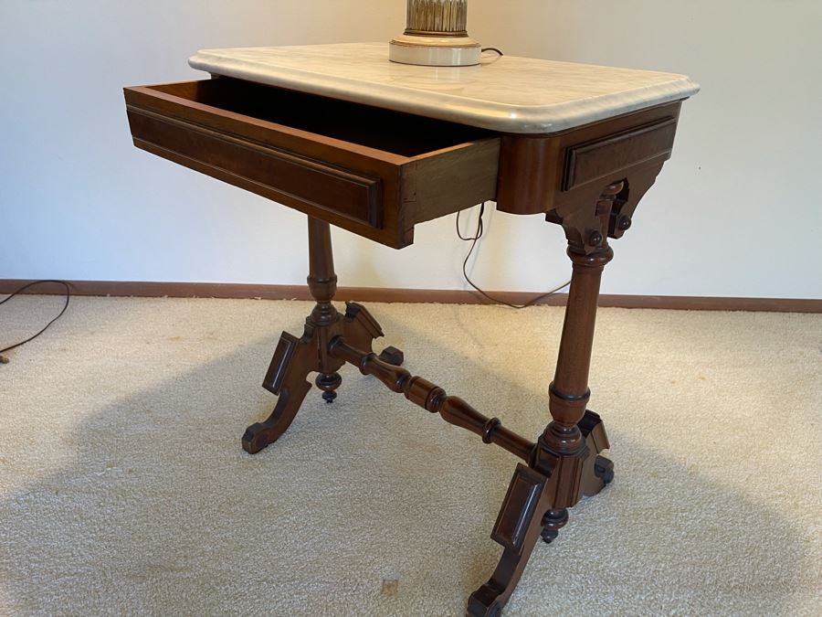 Antique Eastlake Victorian Era Carved Wooden Writing Desk Side Table With Drawer And Marble Top 24W X 16D X 28H [Photo 1]