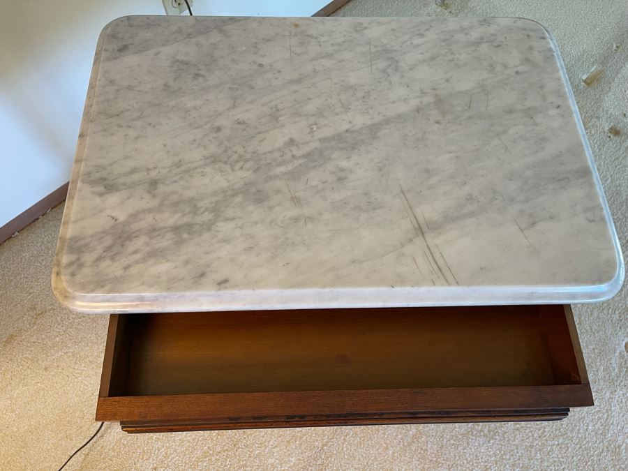 Antique Eastlake Victorian Era Carved Wooden Writing Desk Side Table With Drawer And Marble Top 24W X 16D X 28H [Photo 7]