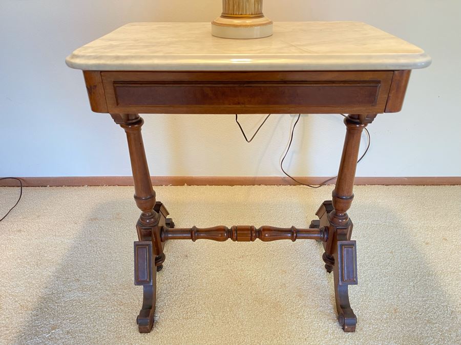 Antique Eastlake Victorian Era Carved Wooden Writing Desk Side Table With Drawer And Marble Top 24W X 16D X 28H [Photo 3]