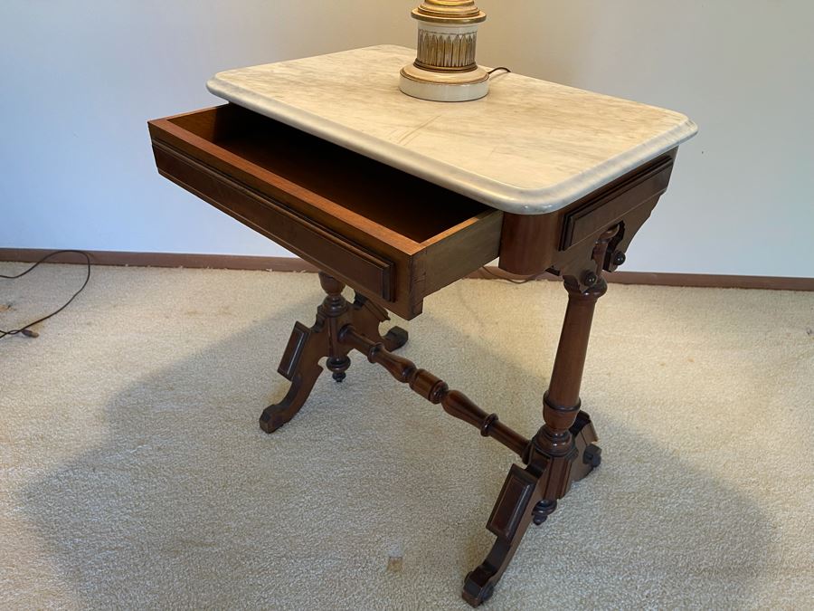 Antique Eastlake Victorian Era Carved Wooden Writing Desk Side Table With Drawer And Marble Top 24W X 16D X 28H [Photo 5]