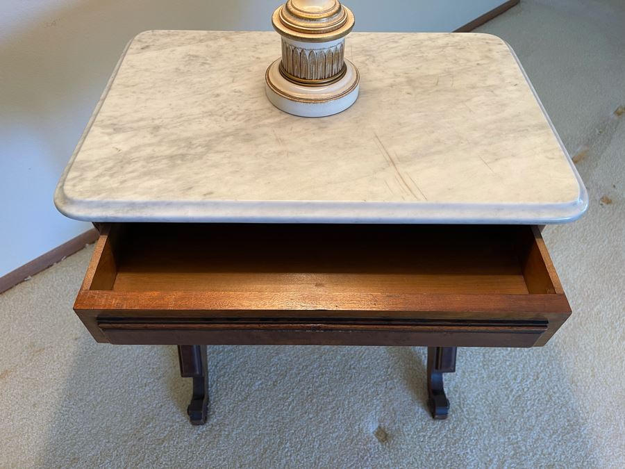Antique Eastlake Victorian Era Carved Wooden Writing Desk Side Table With Drawer And Marble Top 24W X 16D X 28H [Photo 6]