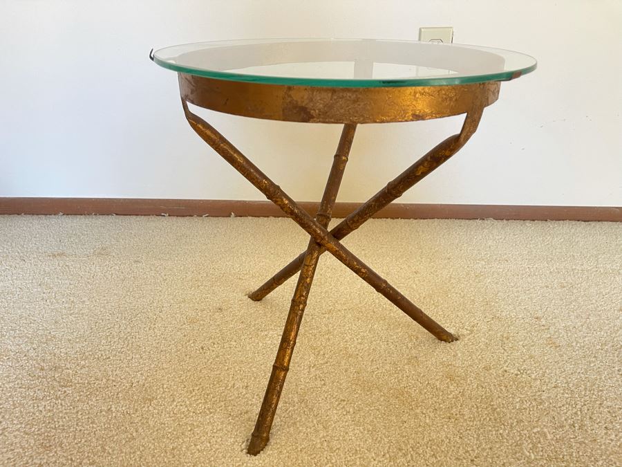 Vintage Gilt Metal Bamboo Motif Side Table With Glass Top 15.5W X 16H [Photo 1]