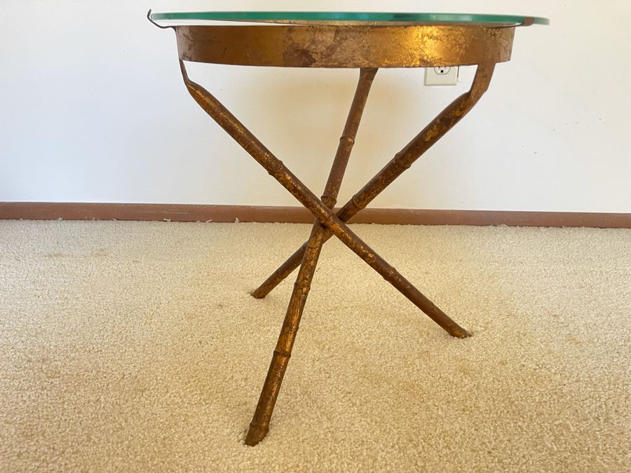 Vintage Gilt Metal Bamboo Motif Side Table With Glass Top 15.5W X 16H [Photo 2]