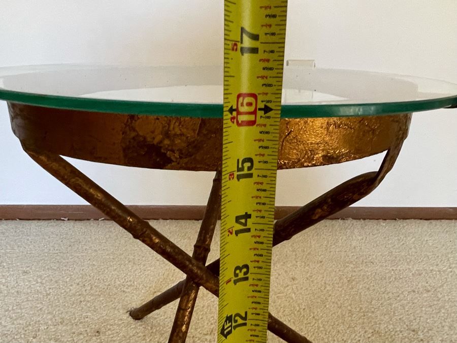 Vintage Gilt Metal Bamboo Motif Side Table With Glass Top 15.5W X 16H [Photo 6]