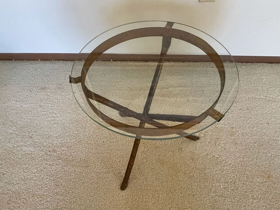 Vintage Gilt Metal Bamboo Motif Side Table With Glass Top 15.5W X 16H [Photo 4]