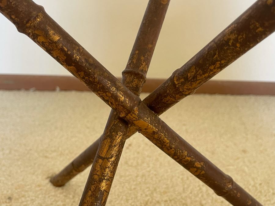 Vintage Gilt Metal Bamboo Motif Side Table With Glass Top 15.5W X 16H [Photo 3]
