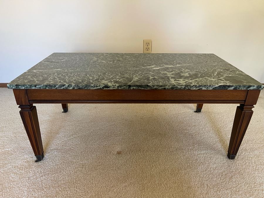 Beautiful Green Marble Top Wooden Coffee Table By J. B. Van Sciver Co 41W X 22D X 16.5H