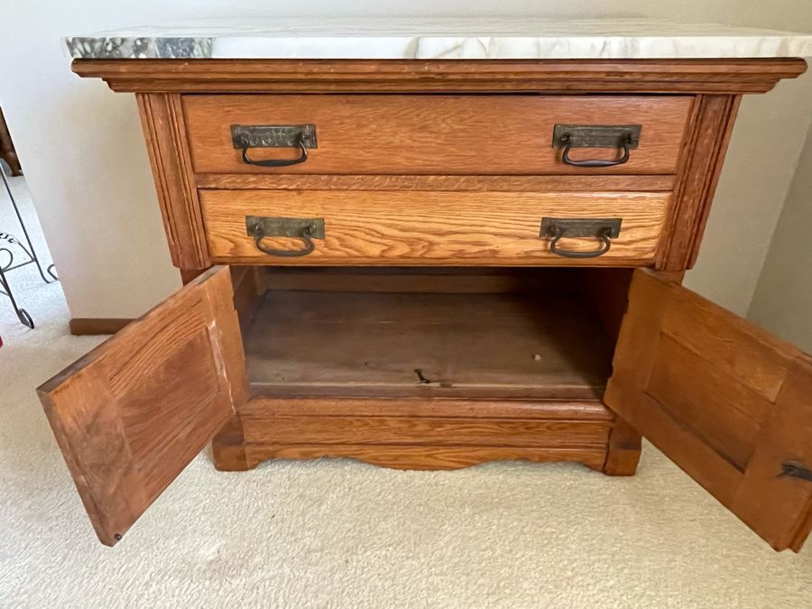 Gorgeous Antique Oak Cabinet With White Marble Top 34W X 19D X 28.5H [Photo 12]