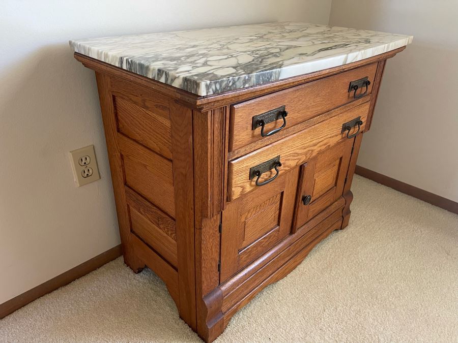 Gorgeous Antique Oak Cabinet With White Marble Top 34W X 19D X 28.5H [Photo 7]