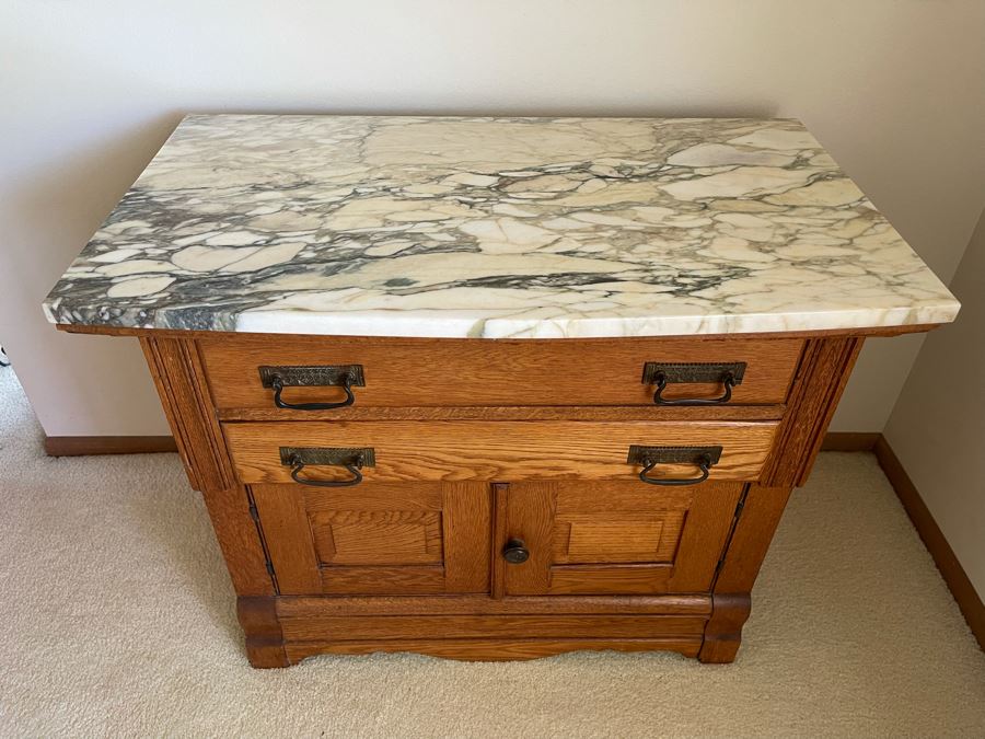 Gorgeous Antique Oak Cabinet With White Marble Top 34W X 19D X 28.5H [Photo 3]