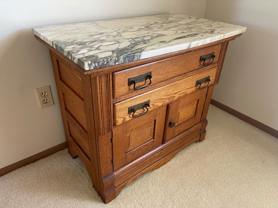 Gorgeous Antique Oak Cabinet With White Marble Top 34W X 19D X 28.5H [Photo 6]
