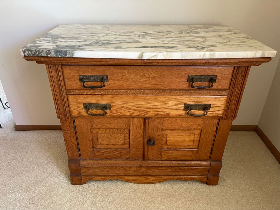 Gorgeous Antique Oak Cabinet With White Marble Top 34W X 19D X 28.5H [Photo 1]