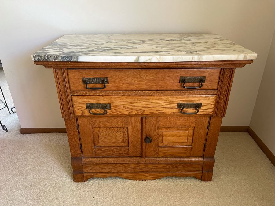 Gorgeous Antique Oak Cabinet With White Marble Top 34W X 19D X 28.5H [Photo 2]