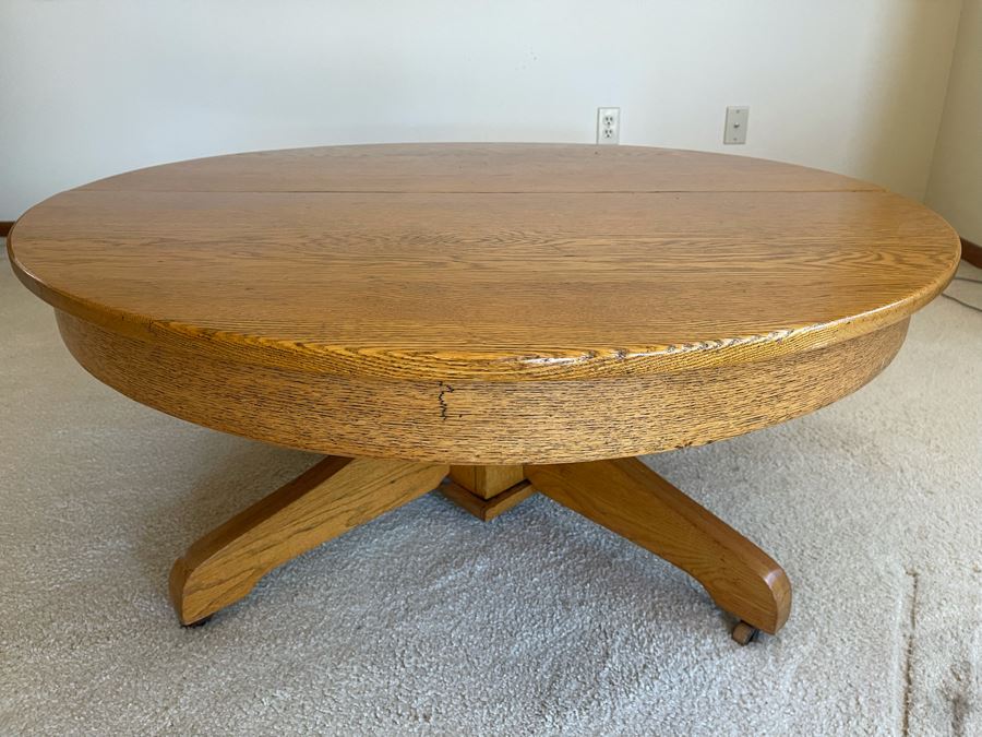 Vintage Oak Round Coffee Table With Casters 41.5R X 17H