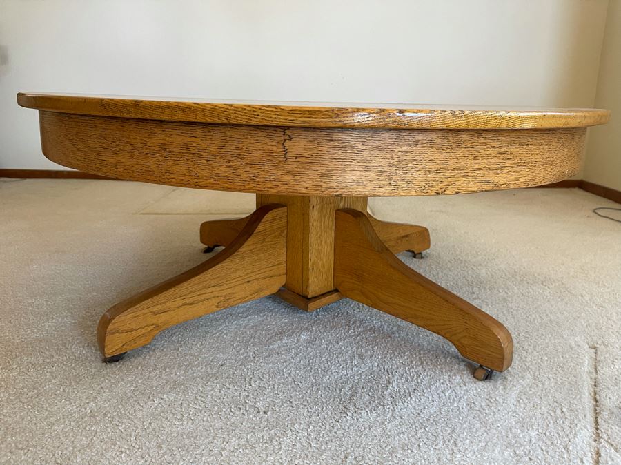 Vintage Oak Round Coffee Table With Casters 41.5R X 17H [Photo 3]