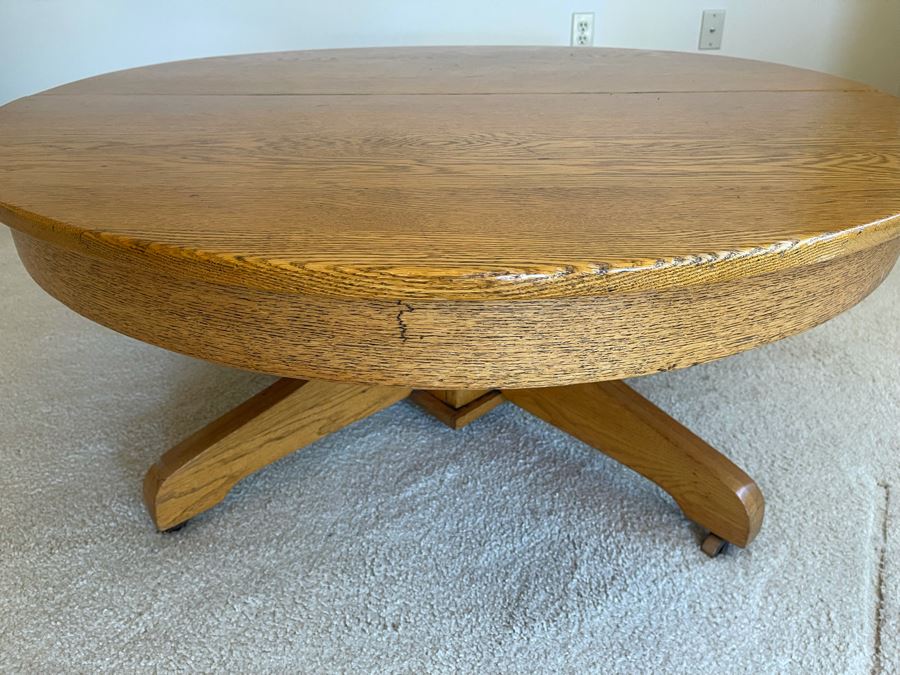 Vintage Oak Round Coffee Table With Casters 41.5R X 17H [Photo 2]