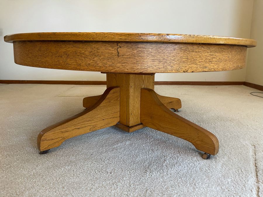 Vintage Oak Round Coffee Table With Casters 41.5R X 17H [Photo 4]