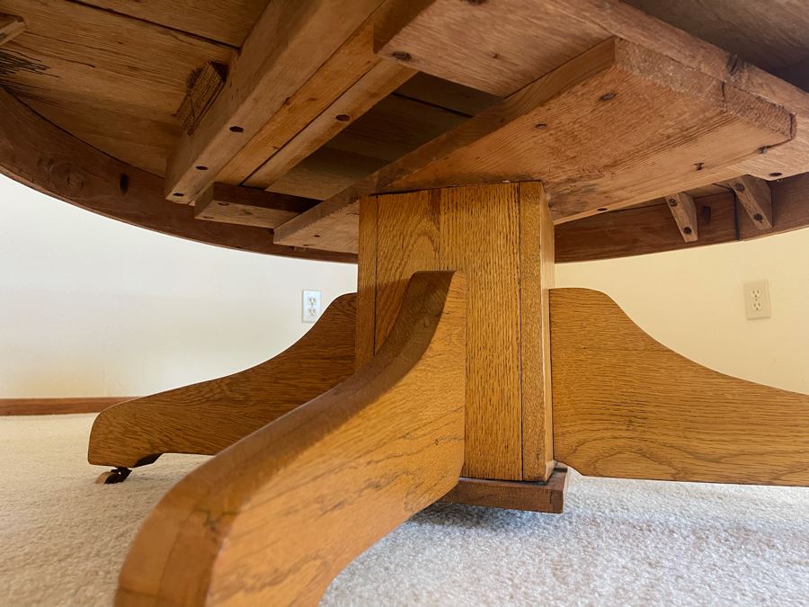 Vintage Oak Round Coffee Table With Casters 41.5R X 17H [Photo 6]