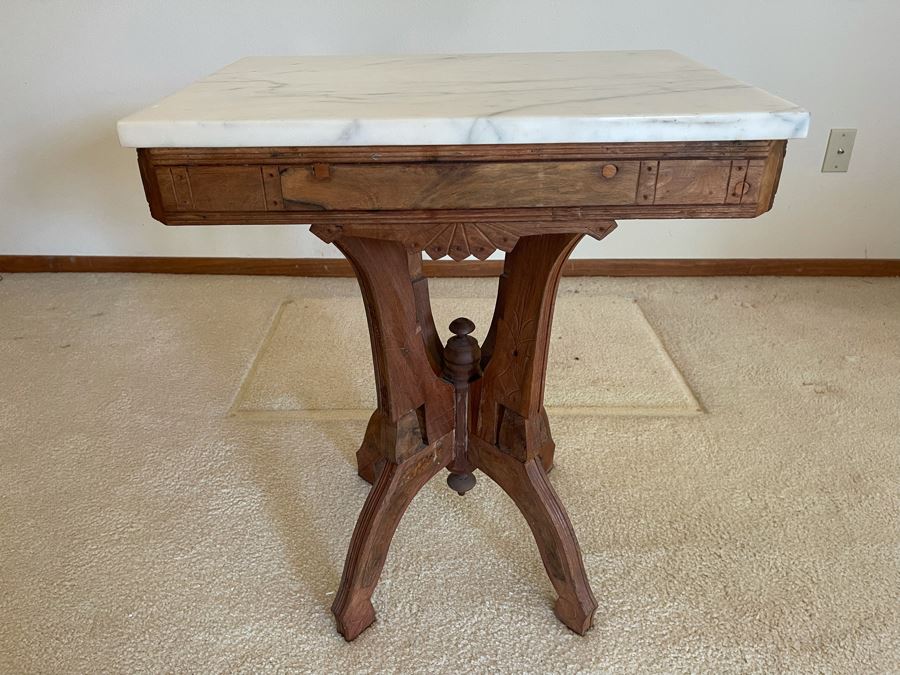 Antique Eastlake Victorian Era Carved Wooden Side Table With Marble Top 22W X 16D X 26.5H [Photo 3]
