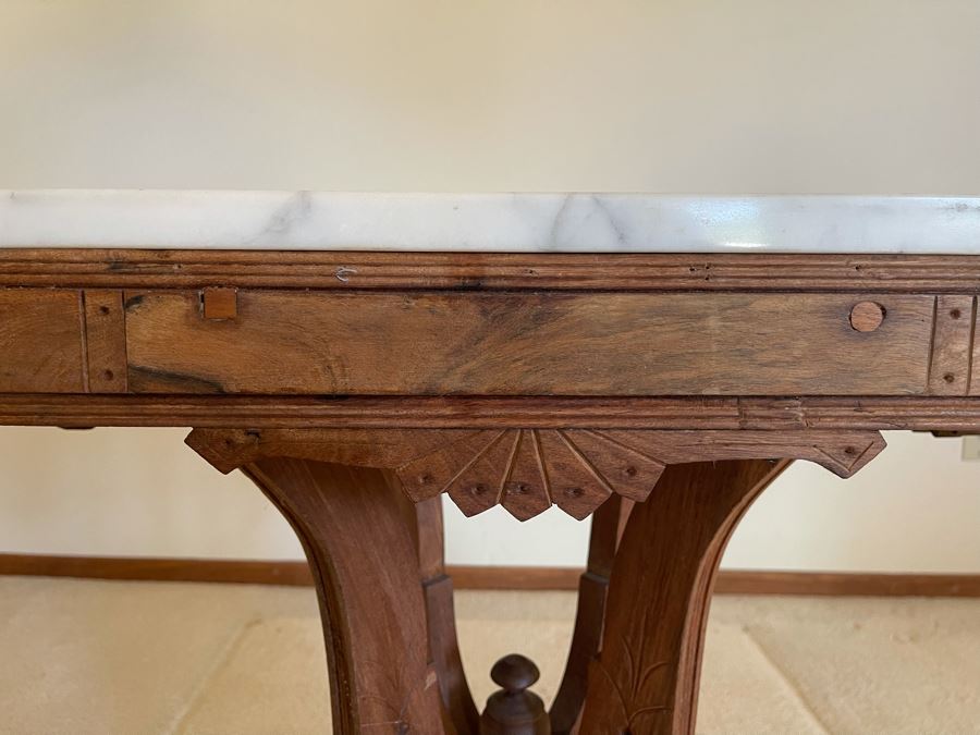 Antique Eastlake Victorian Era Carved Wooden Side Table With Marble Top 22W X 16D X 26.5H [Photo 5]