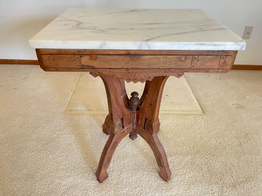 Antique Eastlake Victorian Era Carved Wooden Side Table With Marble Top 22W X 16D X 26.5H [Photo 1]