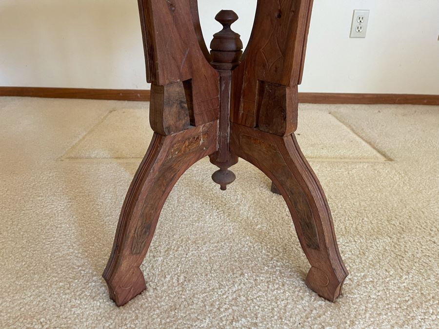 Antique Eastlake Victorian Era Carved Wooden Side Table With Marble Top 22W X 16D X 26.5H [Photo 6]
