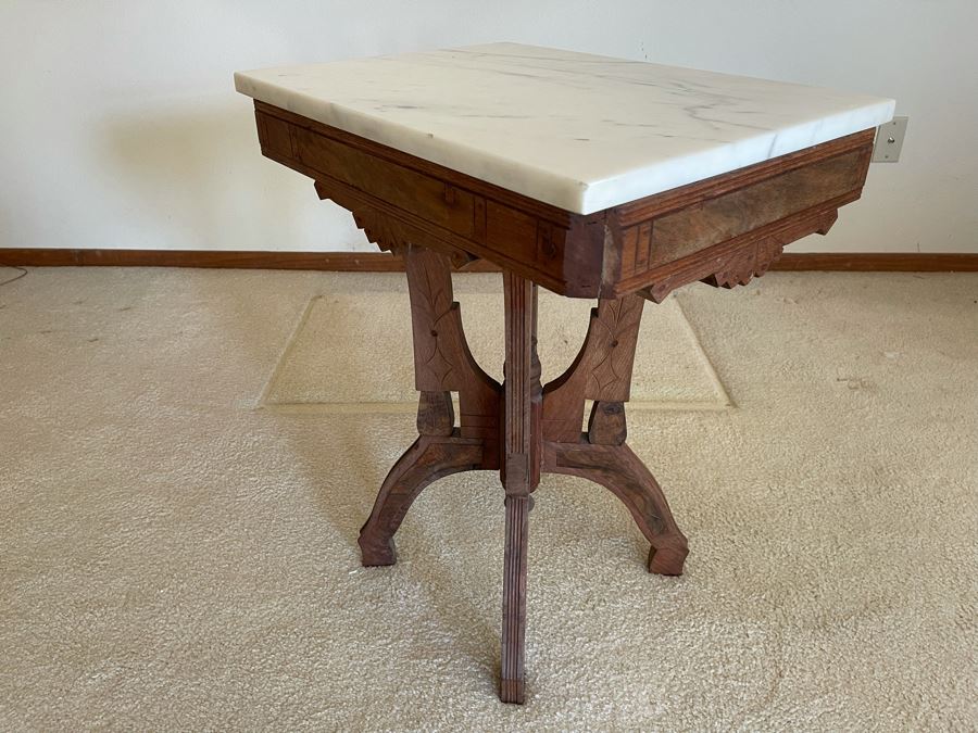 Antique Eastlake Victorian Era Carved Wooden Side Table With Marble Top 22W X 16D X 26.5H [Photo 8]