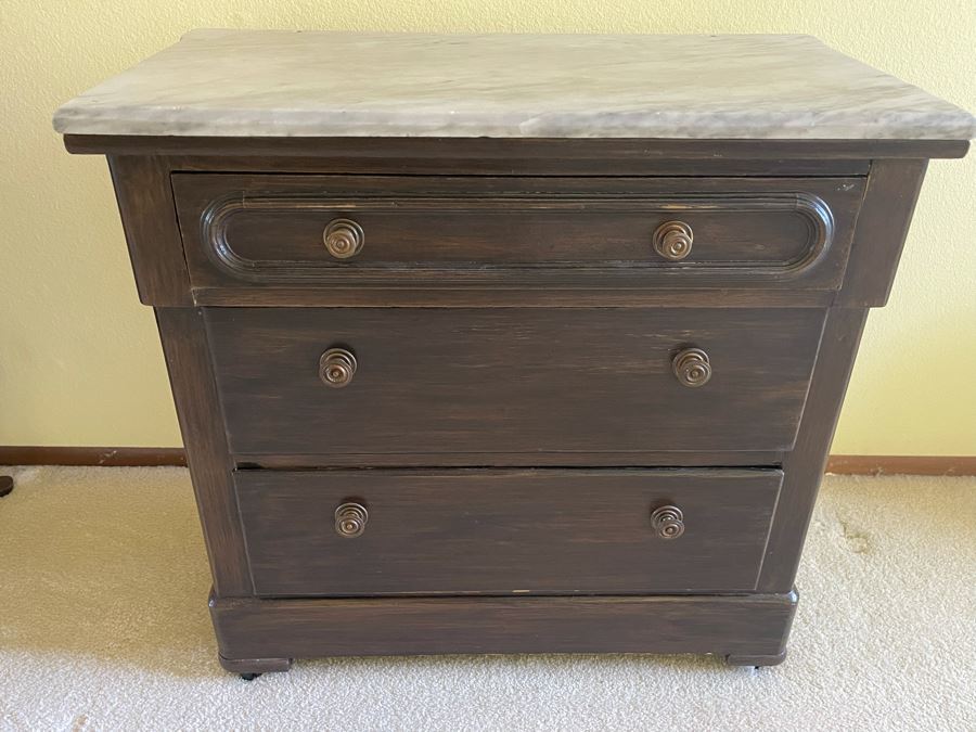 Vintage Wooden 3-Drawer Chest Of Drawers Dresser On Casters With Marble Top 30W X 16D X 30H [Photo 1]