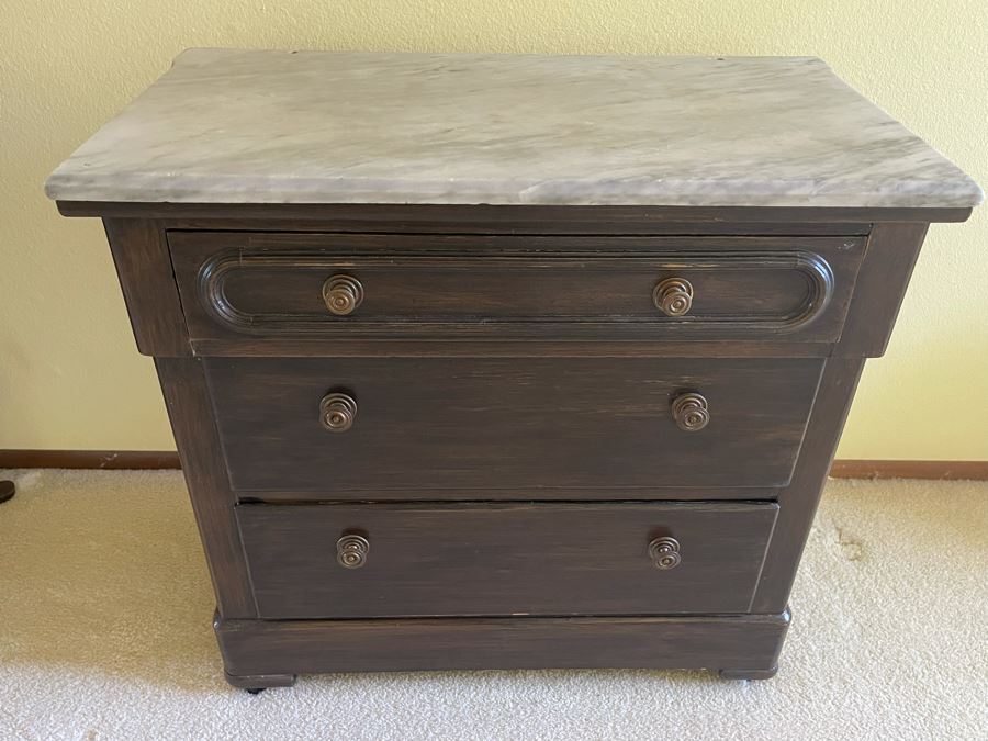 Vintage Wooden 3Drawer Chest Of Drawers Dresser On Casters With Marble
