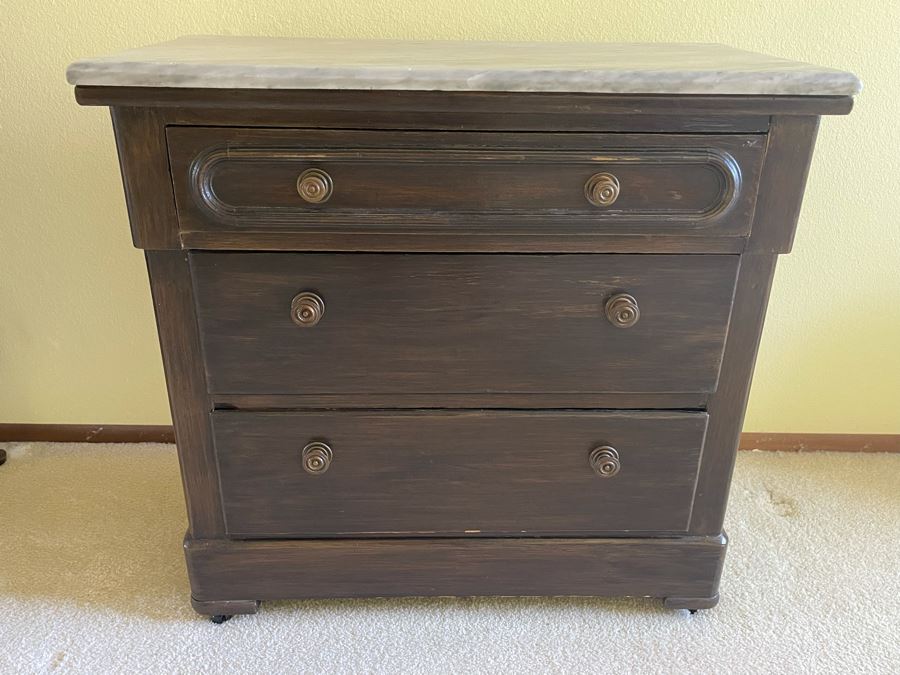 Vintage Wooden 3-Drawer Chest Of Drawers Dresser On Casters With Marble