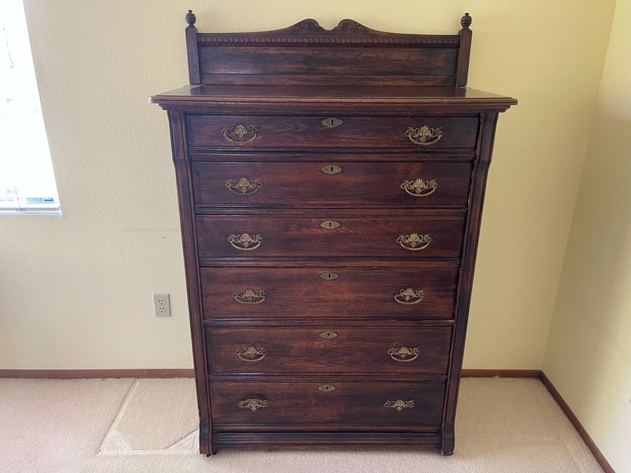 Vintage Tall 6-Drawer Chest Of Drawers Dresser On Casters (One Drawer Pull Needs Replacement) 40W X 20D X 62H [Photo 2]