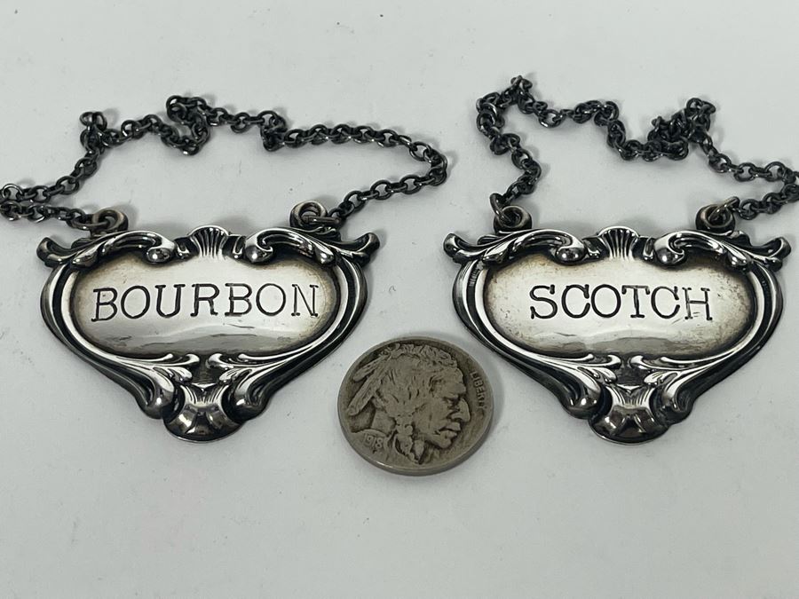 Vintage Pair Of Sterling Silver Bourbon & Scotch Liquor Tags JS Mark Sterling 20.9g [Photo 1]