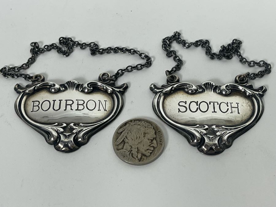 Vintage Pair Of Sterling Silver Bourbon & Scotch Liquor Tags JS Mark Sterling 20.9g [Photo 3]