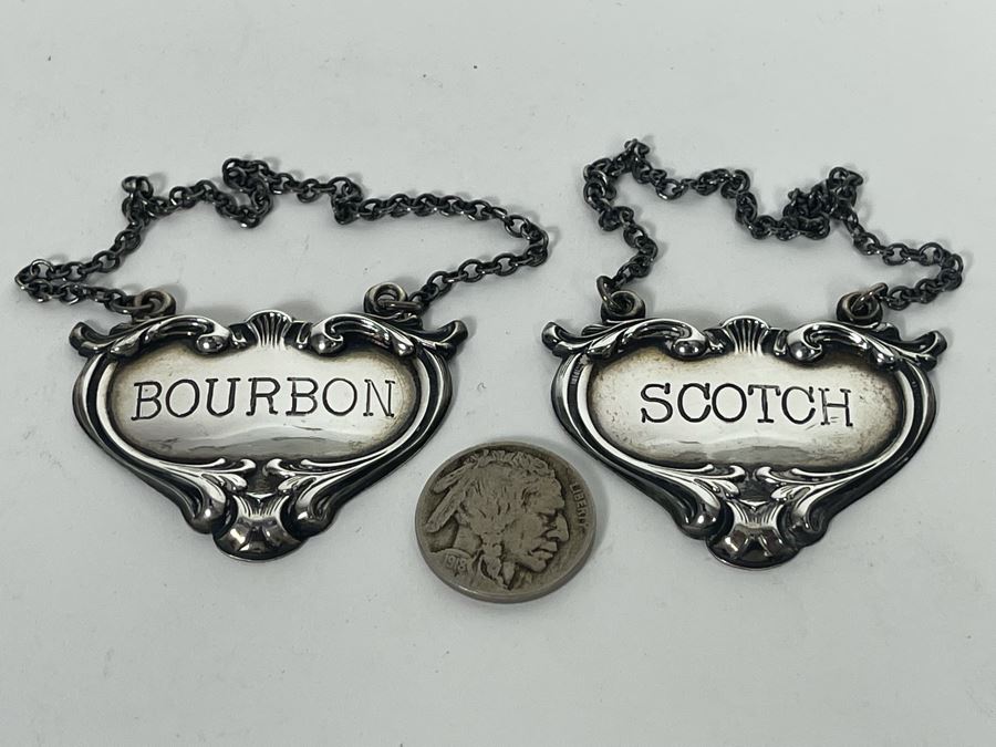 Vintage Pair Of Sterling Silver Bourbon & Scotch Liquor Tags JS Mark Sterling 20.9g [Photo 2]