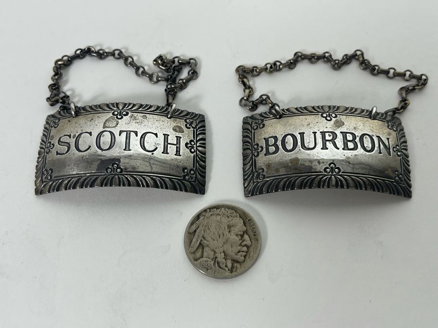 Vintage Pair Of Sterling Silver Bourbon & Scotch Liquor Tags Stieff Williamsburg Sterling 27g [Photo 2]