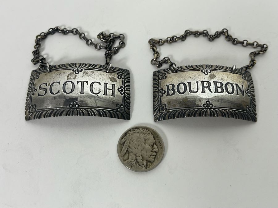 Vintage Pair Of Sterling Silver Bourbon & Scotch Liquor Tags Stieff Williamsburg Sterling 27g [Photo 3]