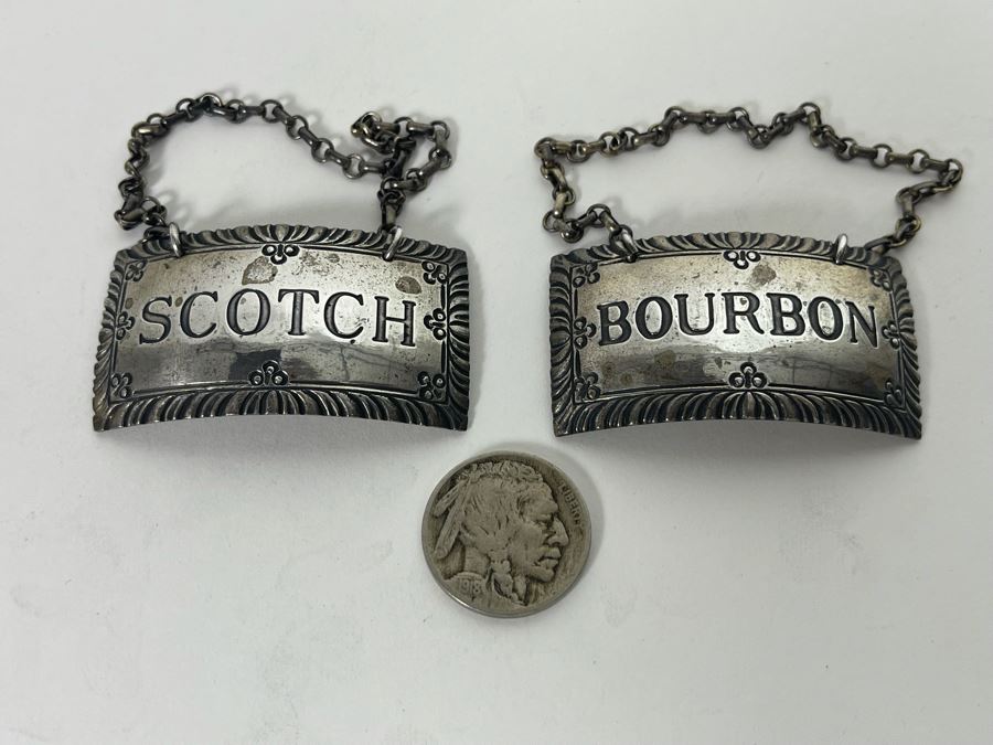 Vintage Pair Of Sterling Silver Bourbon & Scotch Liquor Tags Stieff Williamsburg Sterling 27g