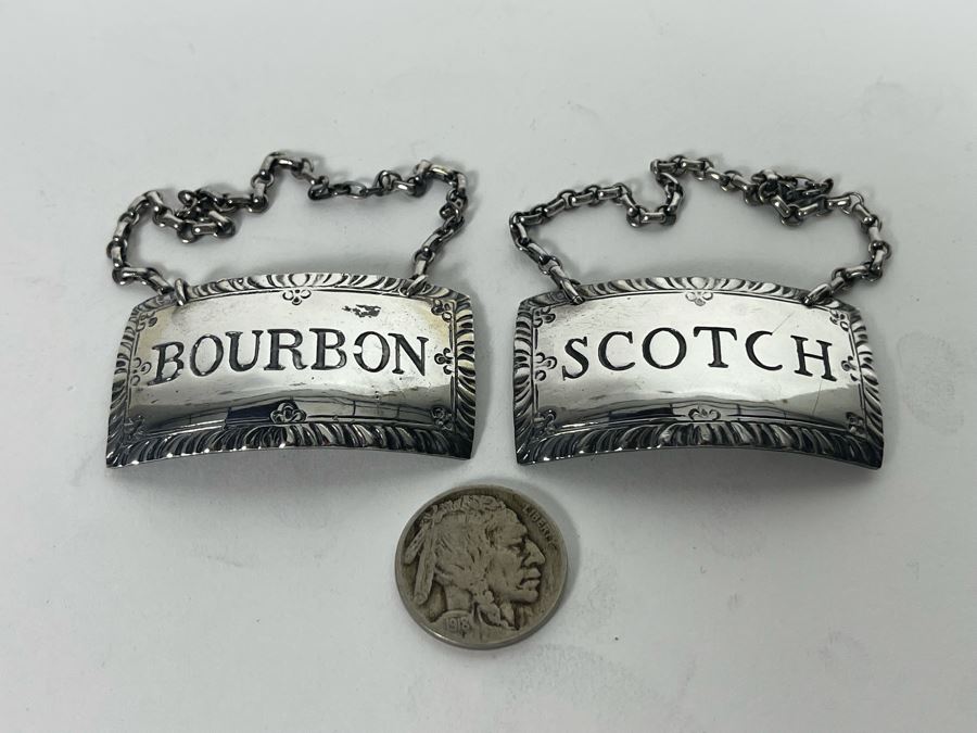 Vintage Pair Of Sterling Silver Bourbon & Scotch Liquor Tags Stieff Sterling 21.6g [Photo 1]