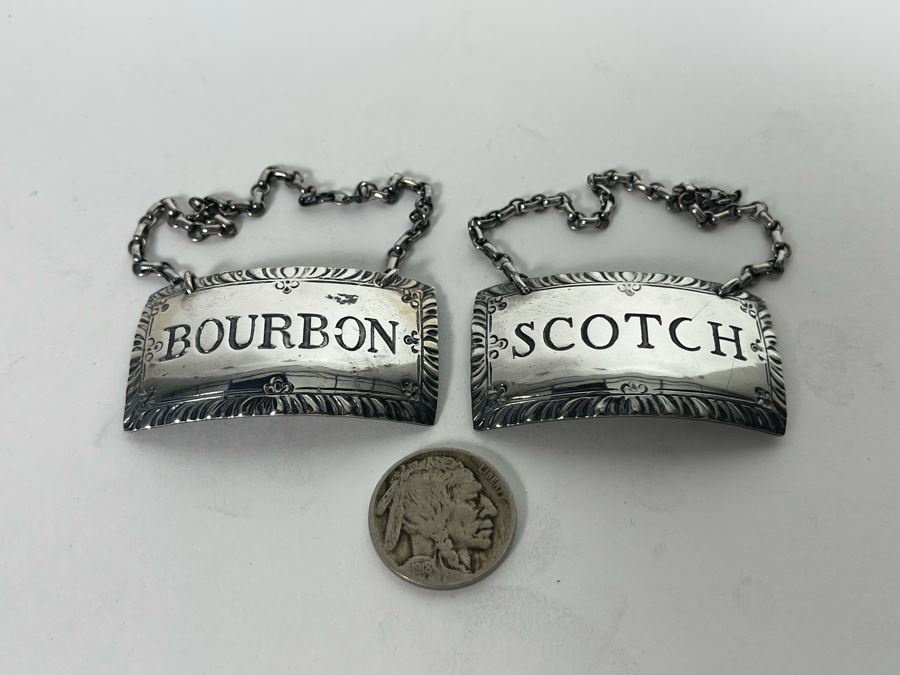 Vintage Pair Of Sterling Silver Bourbon & Scotch Liquor Tags Stieff Sterling 21.6g [Photo 2]