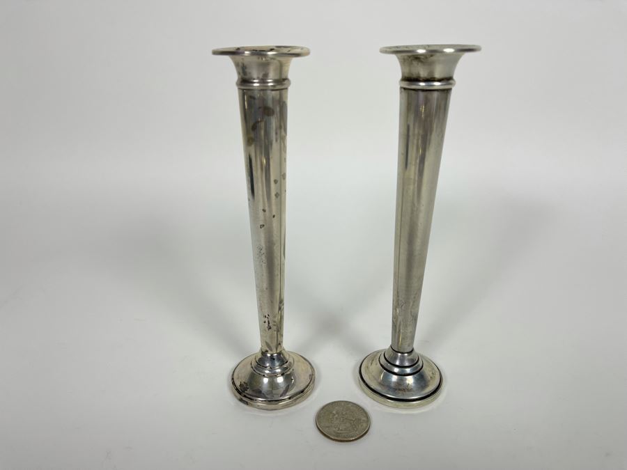 Pair Of Sterling Silver Weighted Vases 6H