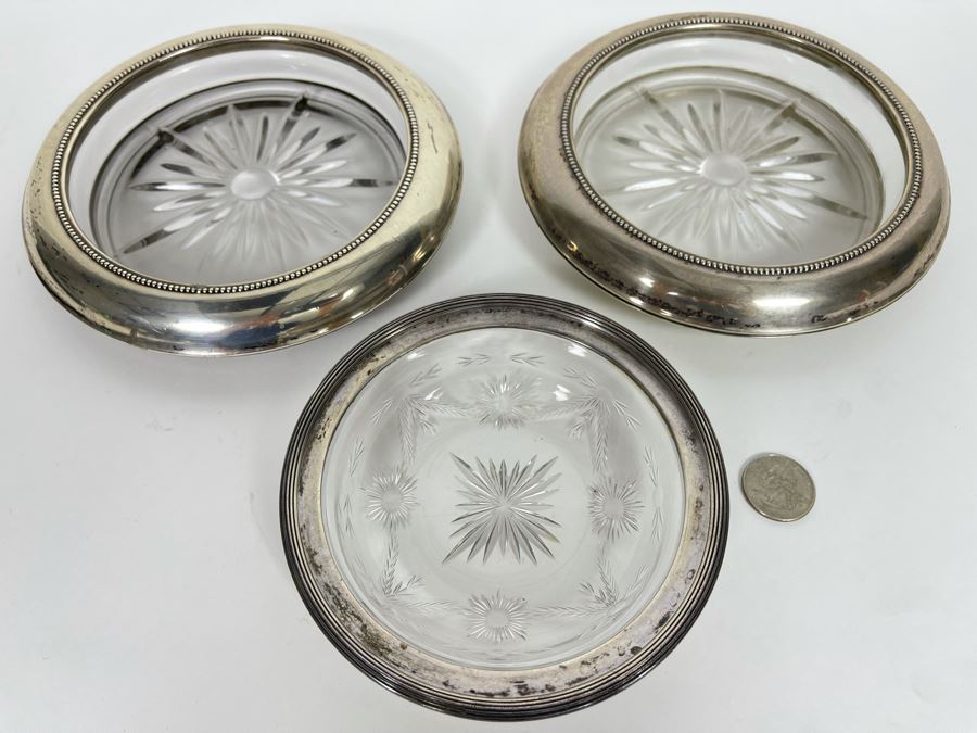 Set Of Three Sterling Silver Rim Etched Glass Coasters