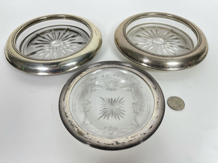 Set Of Three Sterling Silver Rim Etched Glass Coasters [Photo 4]