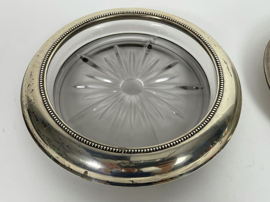 Set Of Three Sterling Silver Rim Etched Glass Coasters [Photo 8]